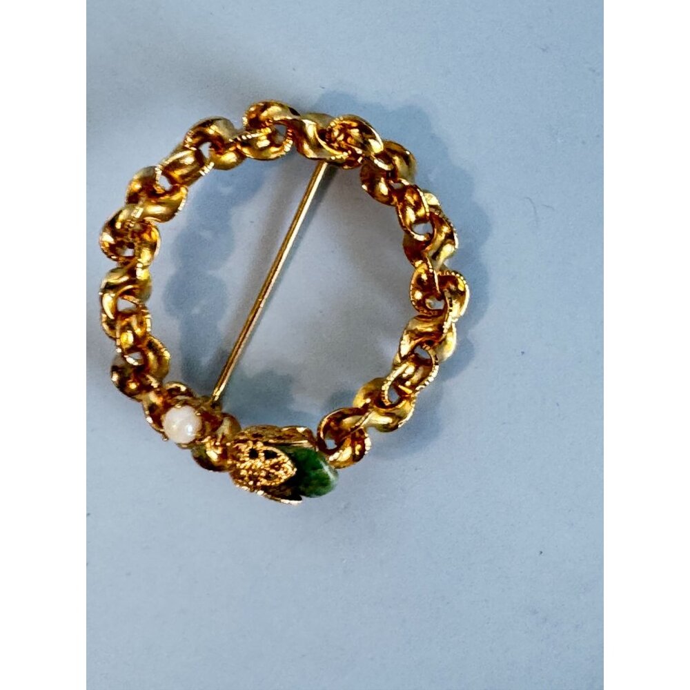 Vintage Karu Arke Inc. Genuine Jade & Cultured Pearl Gold-Tone Circle Brooch - Picture 2 of 6